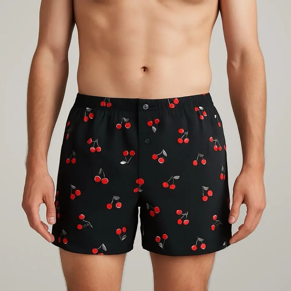 BDG Men’s S Cherry Print Boxer Shorts Black Lounge Urban Outfitters Y2K‎